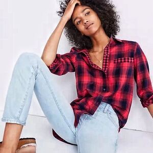 Madewell Shirt Flannel Button Down Red Navy Blue Plaid Large